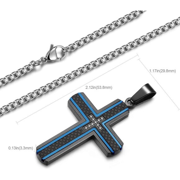 Men's Two-Tone Black & Blue Stainless Steel Carbon Fiber Cross Necklace - Picture 2 of 6